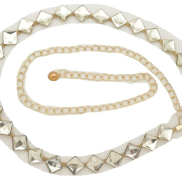 Women's Gold Metal Mesh Waist Belt – Silver Square Beads – Skinny Waistband S M - Picture 9 of 17